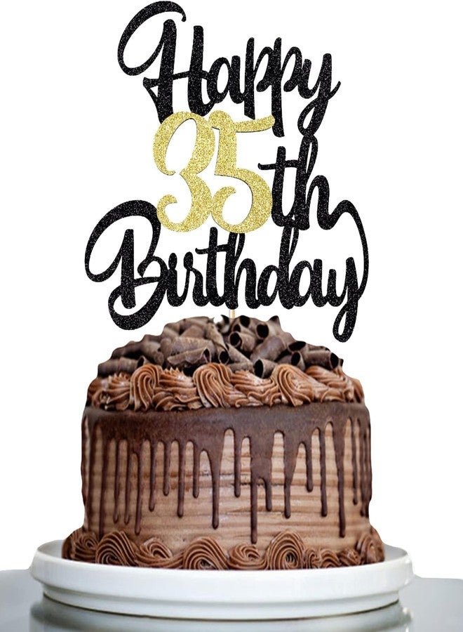 كونفيتي زينة كعكة عيد ميلاد سعيد، زينة عيد ميلاد لامعة باللونين الأسود والذهبي واحتفالات الذكرى السنوية (35) - Image 2